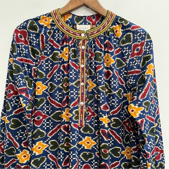 Sezane Robe Glorina Midi Dress in Candy Multicolor Ikat Print Embroidered Trim - Picture 6 of 16